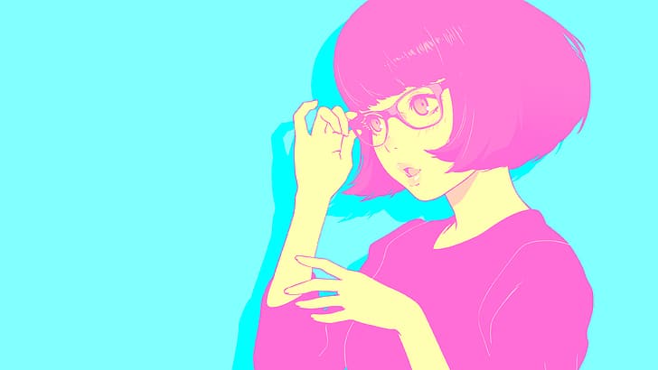 anime, glasses, colorful, vaporwave, simple background, short hair