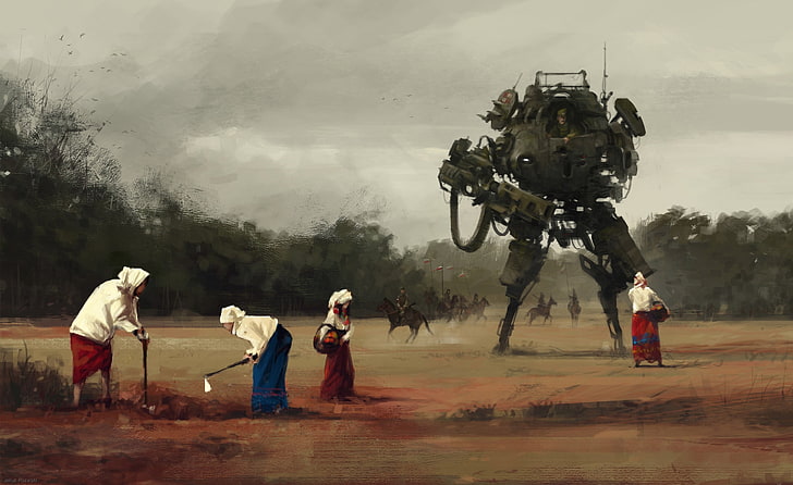 red and blue long skirts, mech, Iron Harvest, group of people
