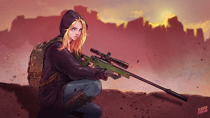woman holding sniper rifle digital wallpaper, women, blonde, blue eyes