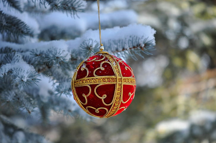 Christmas, New Year, red gold bauble, ball, snow, decoration