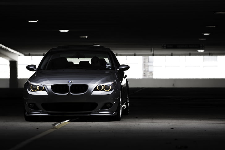 gray BMW E60 M5 sedan, photo, Parking, City, wallpaper, cars