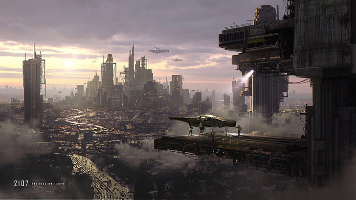 game application screenshot, city, cityscape, futuristic, aircraft