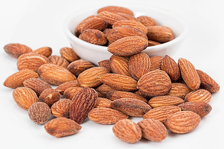 brown almond nut lot, almonds, walnuts, roasted, saucer, food