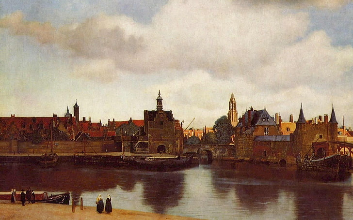 skyline photo of buildings, artwork, Johannes Vermeer, painting, HD wallpaper