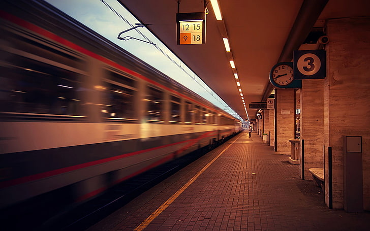 time lapse photo of train passing train station, blurred, vehicle, HD wallpaper