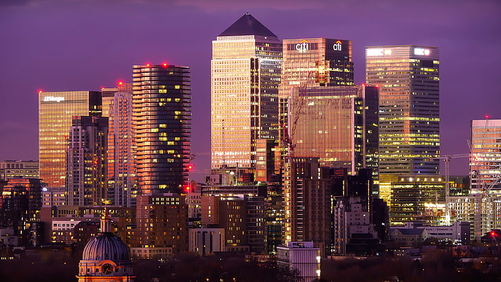 canary wharf, london, united kingdom, england, europe, purple sky, HD wallpaper