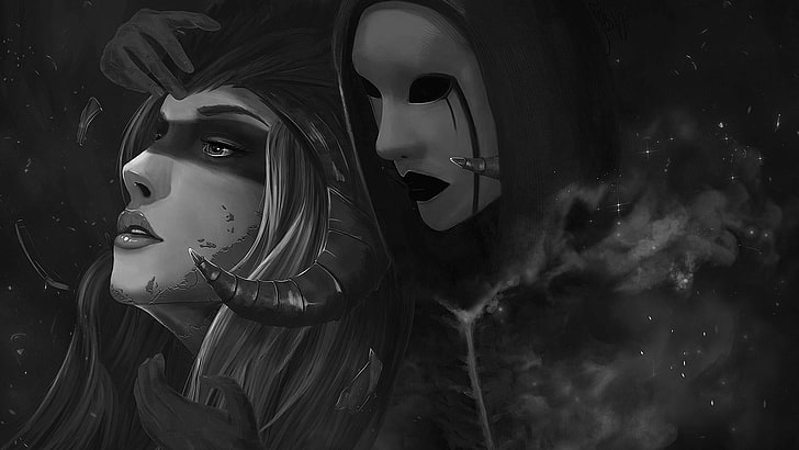 mask, phantom, face, monochrome, darkness, fantasy art, emotion