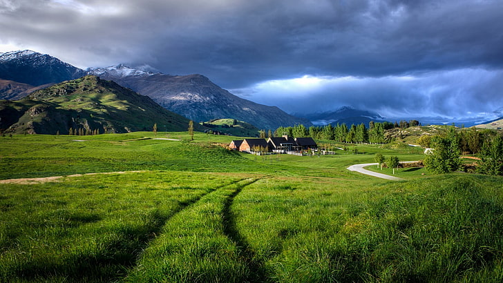green grass field, landscape, nature, road, house, mountains