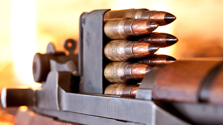 closeup photography of brass-colored bullets, gun, M1 Garand