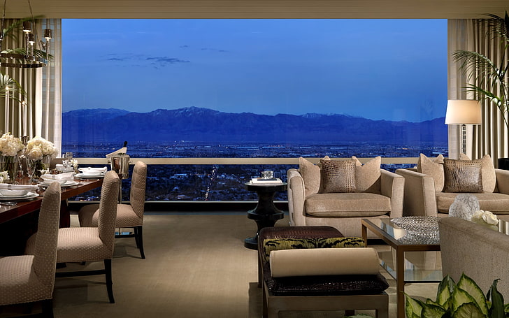 beige fabric sofa set, mountains, hotel, window, room, table, HD wallpaper