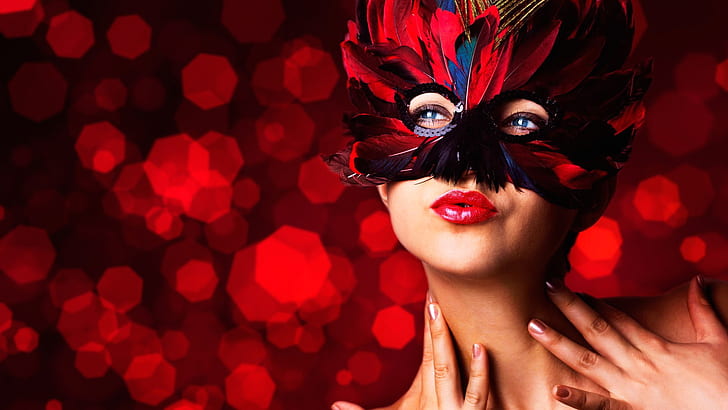 Masquerade, mask, feathers, make-up girl, red lip, HD wallpaper