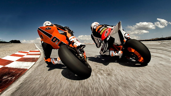 two orange and white motorcycles, KTM, KTM RC8, racing, race tracks