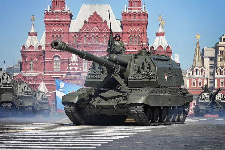 green artillery tank, parade, Russia, May 9, installation, SAU