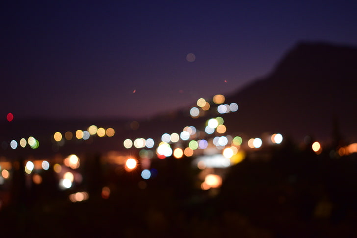 bokeh lights, landscape, nature, blurred, night, illuminated, HD wallpaper