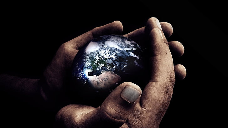 earth scale model, hands, human hand, human body part, black background