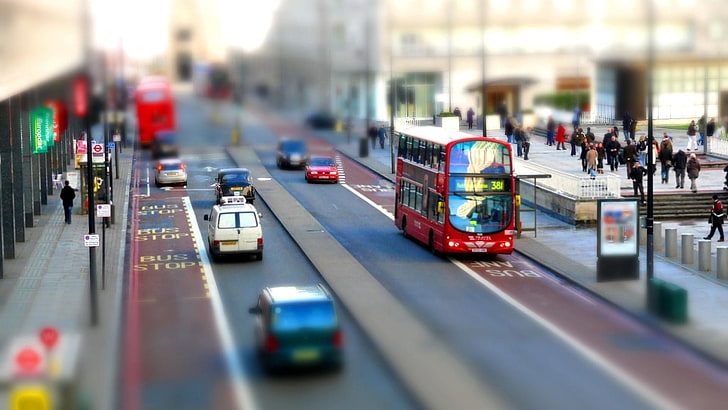 red bus, cityscape, blurred, car, England, doubledecker, UK, mode of transportation