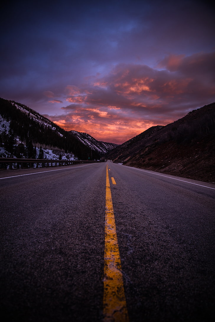 photo of yellow lined road during golden hour, marking, mountains, HD wallpaper