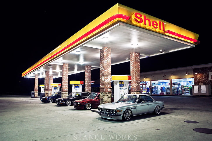 Shell gasoline station, gas stations, BMW, Shell Oil Company HD wallpaper