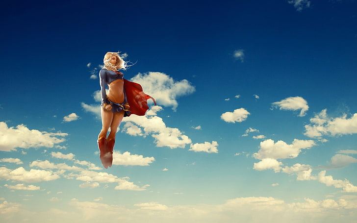 Ms. Marvel, Supergirl, sky, clouds, anime, flying, blonde, superhero, HD wallpaper