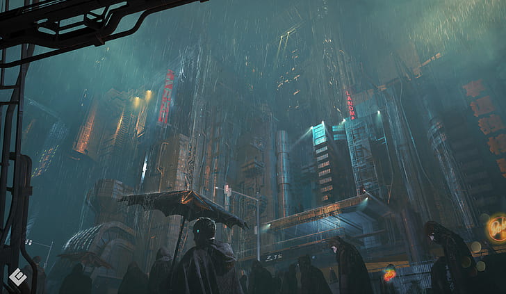 city, dark, fantasy, rain, umbrella, science fiction, people, HD wallpaper