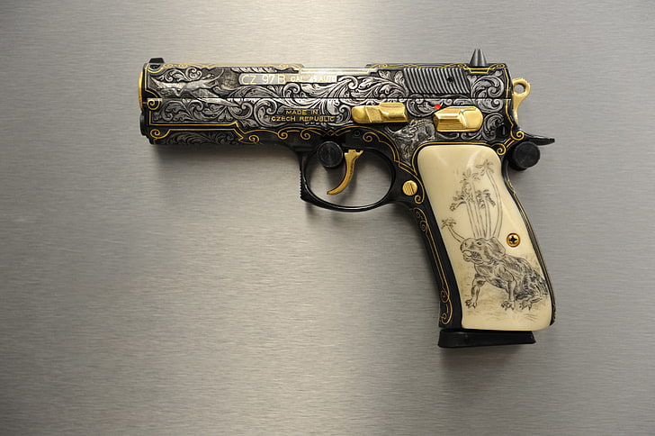 black and white floral pistol, gun, weapons, Czech Republic, CZ 97B, HD wallpaper