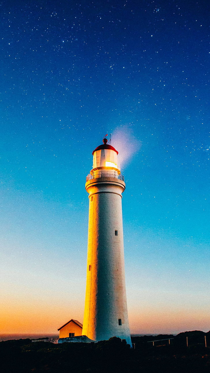 vertical, lighthouse, night, stars, guidance, sky, tower, architecture, HD wallpaper