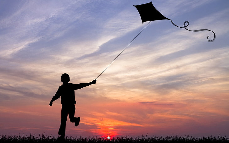 Makar Sankranti 2016, silhouette of kid holding kite, Festivals / Holidays