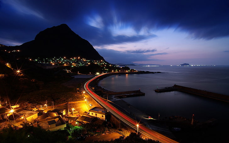 city lights, night, hill, road, ocean, beach, rio de Janeiro, HD wallpaper