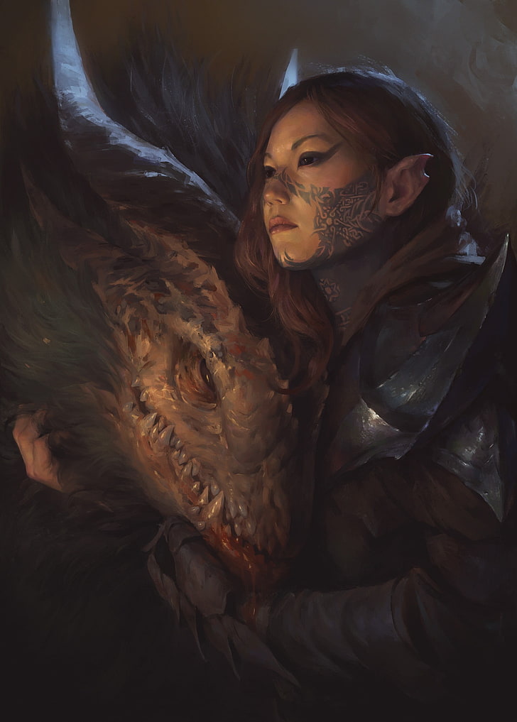 woman holding dragon digital wallpaper, fantasy art, one person