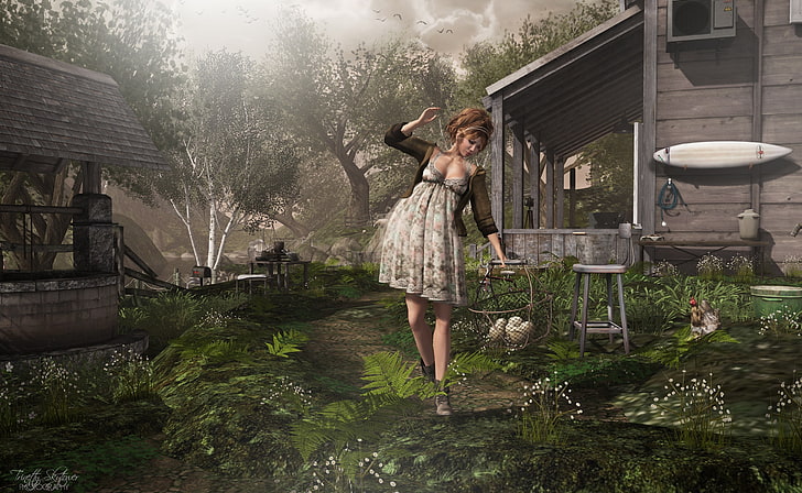 Eggs For Breakfast, illustration of woman wearing floral dress walking on garden, HD wallpaper