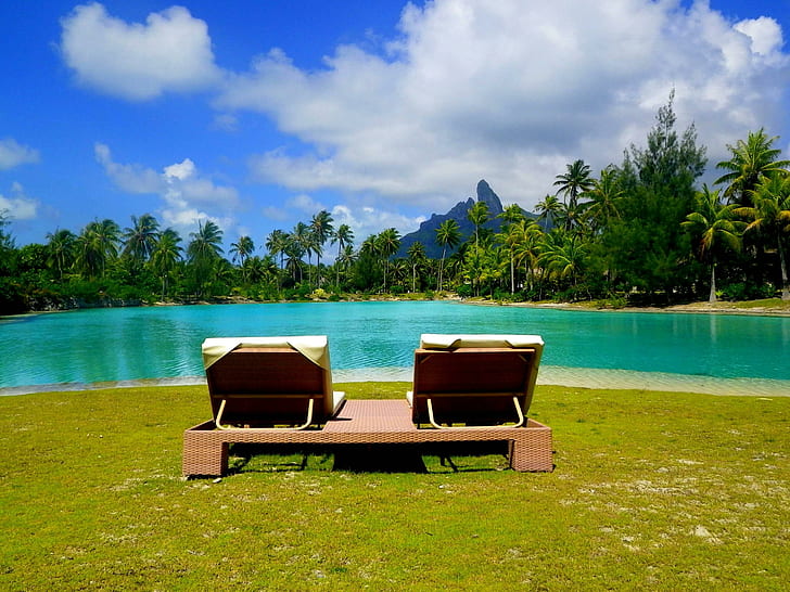 Bora Bora Paradise Island, palm-trees, islands, tropical, loungers, HD wallpaper