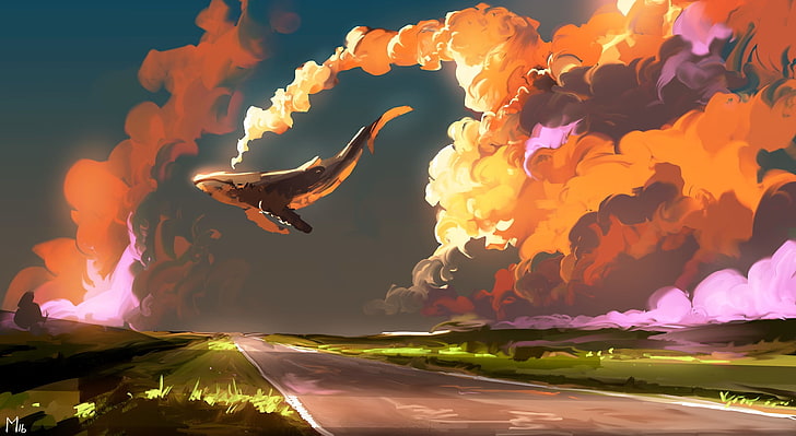whale in the sky digital wallpaper, artwork, fantasy art, animals