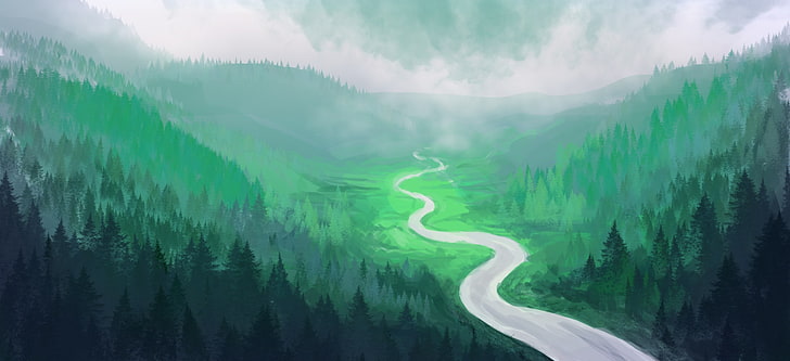 landscape painting, forest, river
