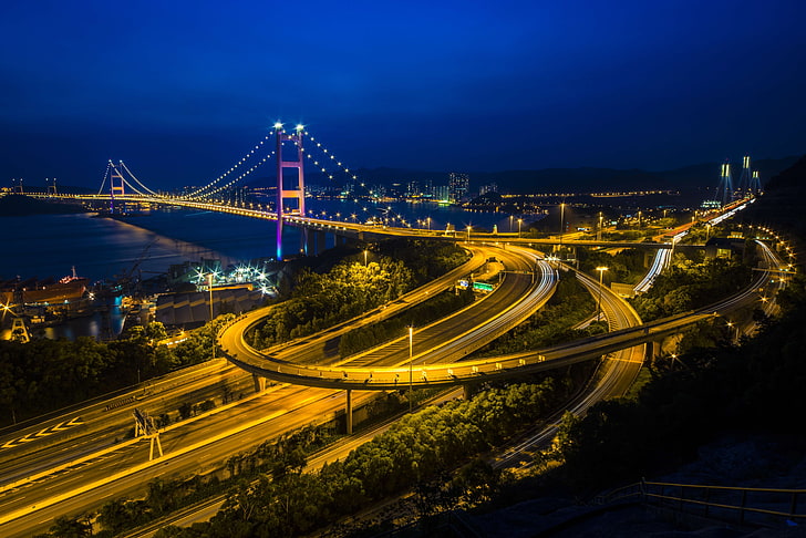 bridge during nightime photo, cityscape, long exposure, road, HD wallpaper