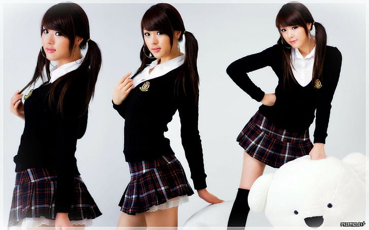plaid, women, skirt, twintails, school uniform, Asian, Hwang Mi Hee, HD wallpaper