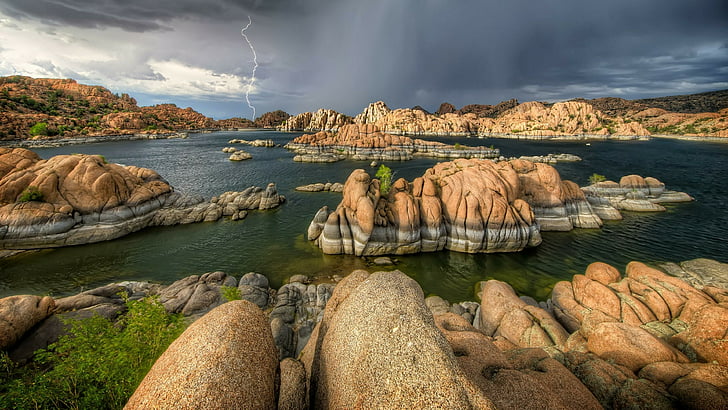 storm, lightning, lake, united states, arizona, prescott, watson lake, HD wallpaper