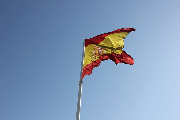 espana, spain, spanish flag, low angle view, sky, patriotism