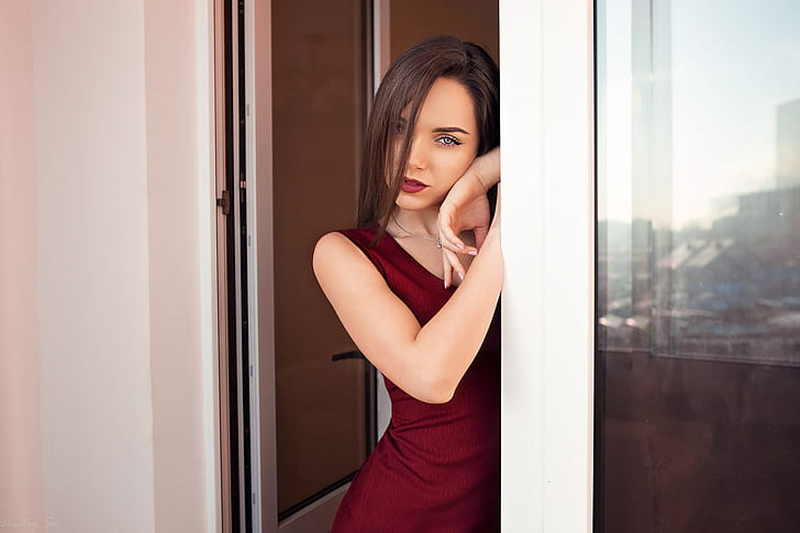 Dmitry Shulgin, women, model, red dress, brunette, Ekaterina Kononova, HD wallpaper