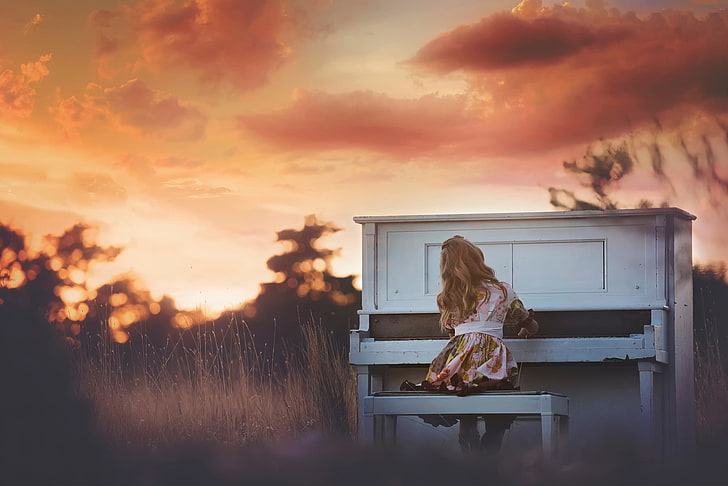 white upright piano, girl, Sunset Piano, sky, cloud - sky, one person, HD wallpaper
