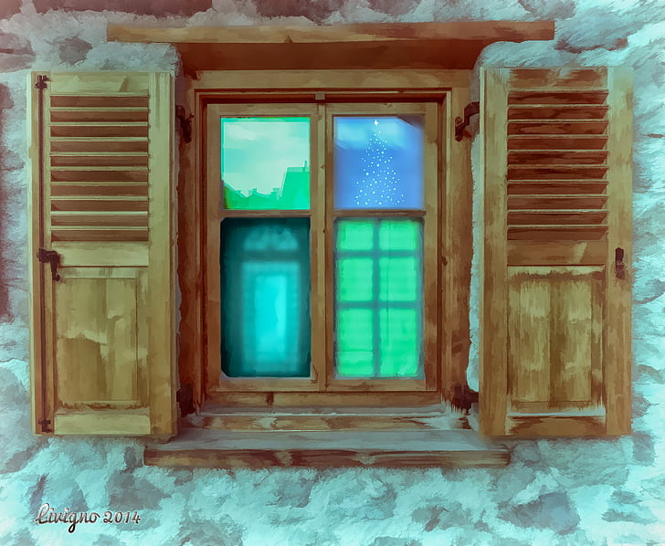 panoramas, Livigno, window, artwork, 2014 (Year), HD wallpaper