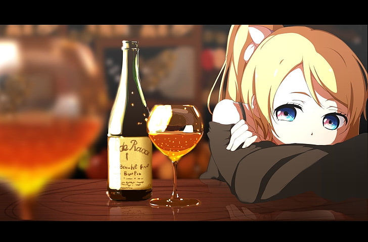 brown-haired female anime character, Love Live!, sad, food and drink