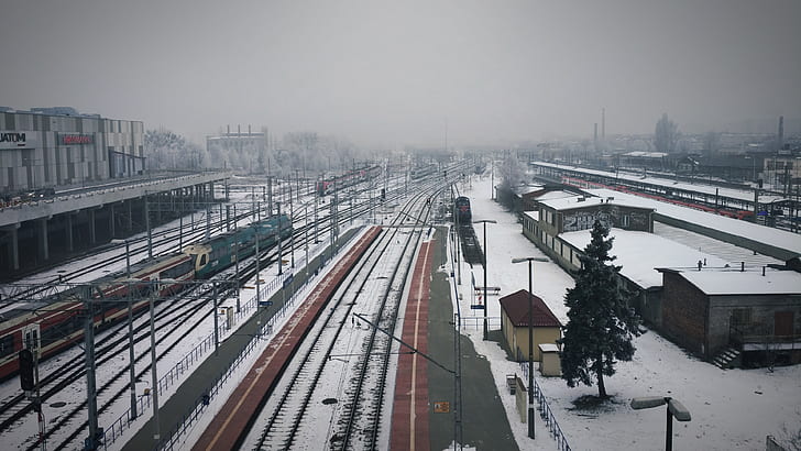 Poland, train, train station, railway, winter, snow, mist, Poznan, HD wallpaper
