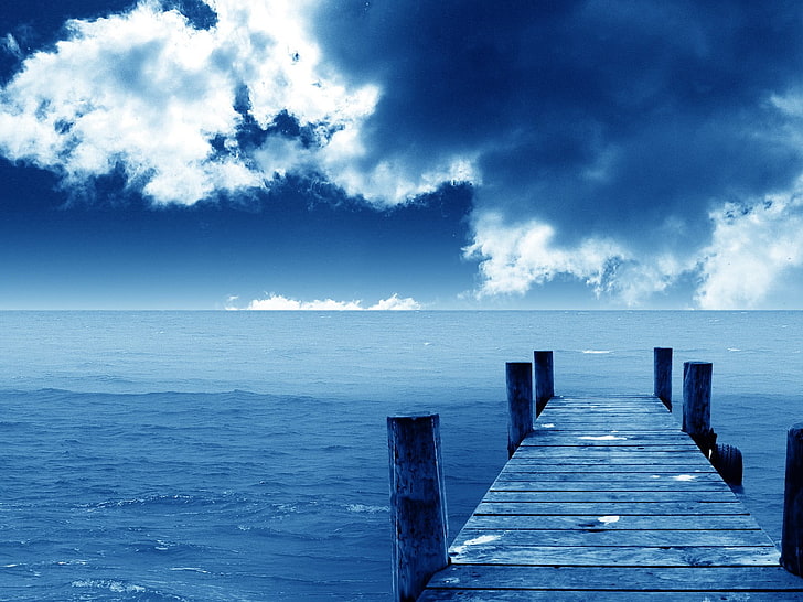 gray wooden pier, sea, clouds, horizon, sky, water, cloud - sky
