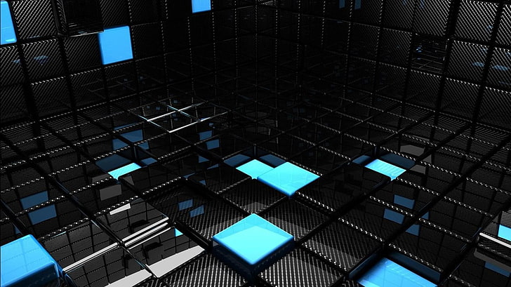black and blue tiles, abstract, dark, render, CGI, square, pattern