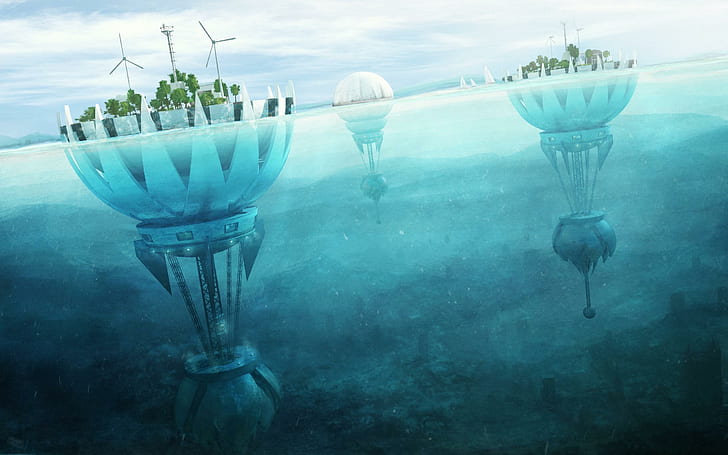 Eco city, photo of windmills and trees, fantasy, 2560x1600, future, HD wallpaper