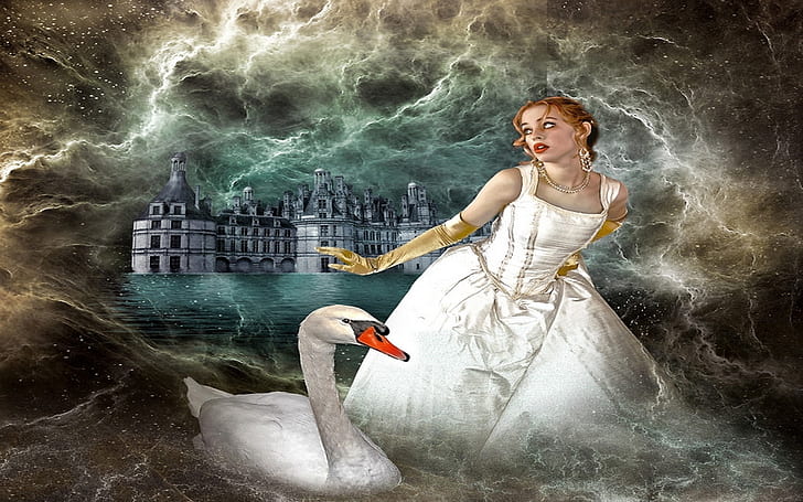 Swan And Girl With White Dress Sea Waves Castle Fantasy Art Hd Desktop Backgrounds Free Download