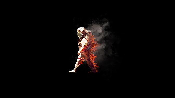 white astronaut costume, space, fire, burn, spacesuit, NASA, spaceman, HD wallpaper