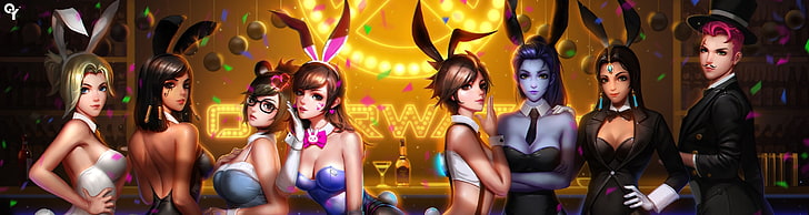 female game character wallpaper, overwatch, bunny costume, d.va