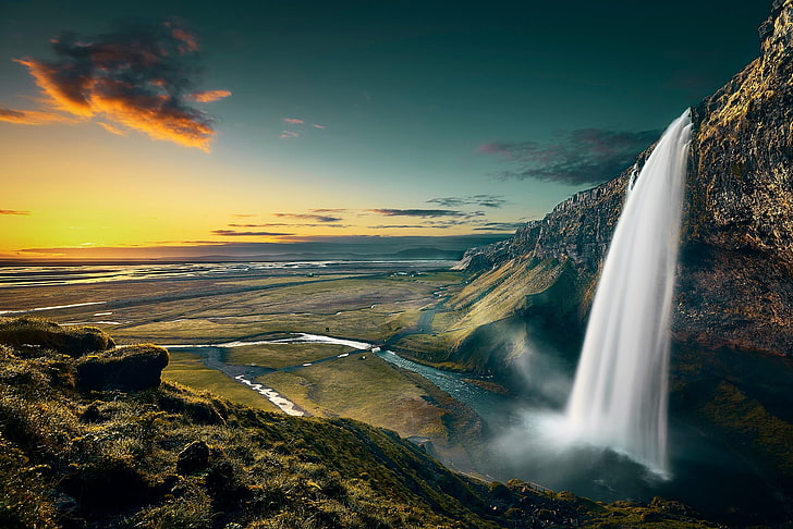 mountain with waterfall, nature, landscape, horizon, Iceland, HD wallpaper