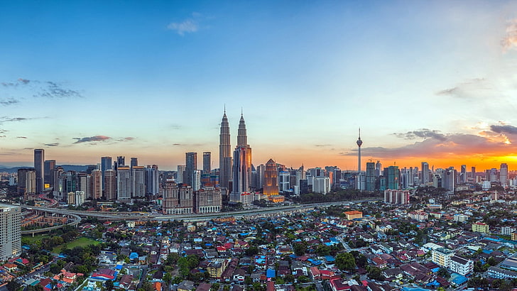 concrete buildings, malaysia, petronas twin towers, sky, top view